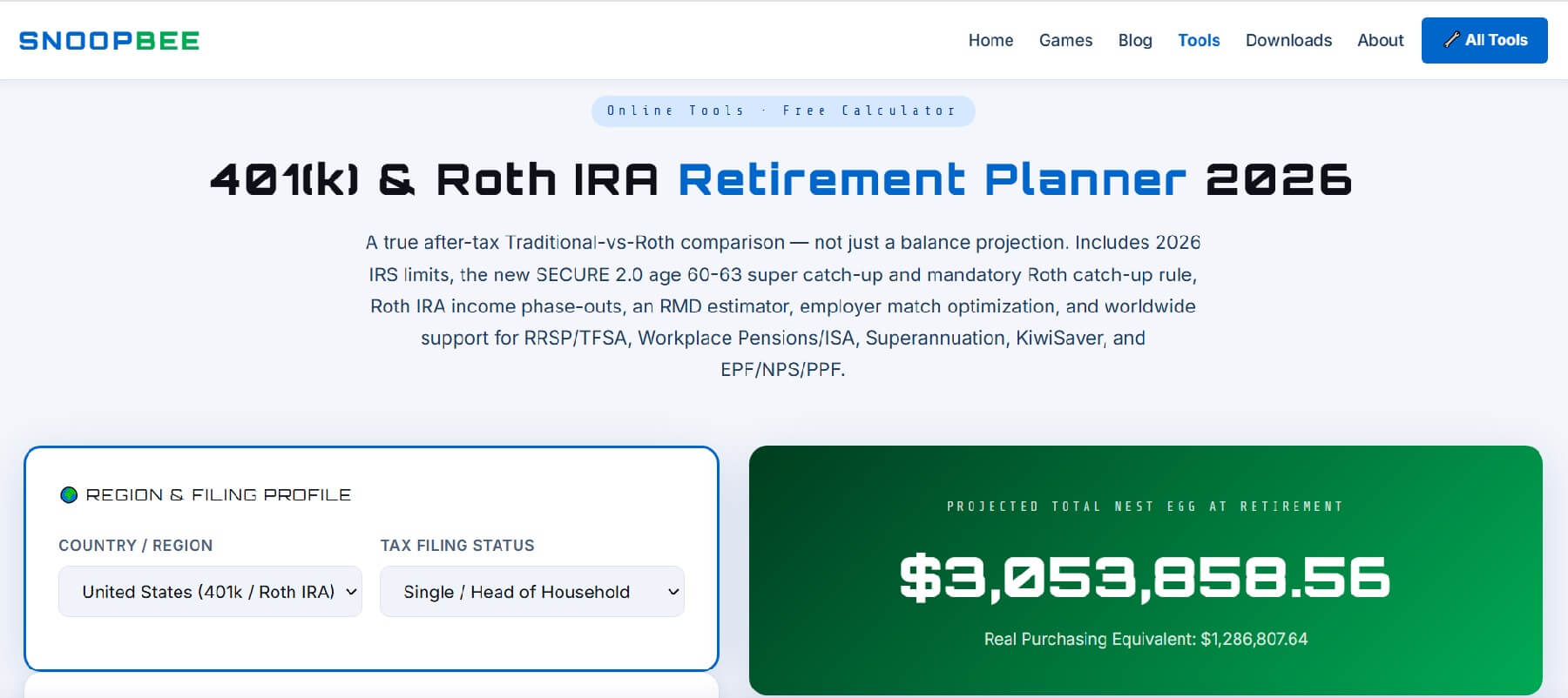 401(k) and Roth IRA Retirement Planner guide 2026 on snoopbee.com — Traditional vs Roth comparison, employer match, RMDs