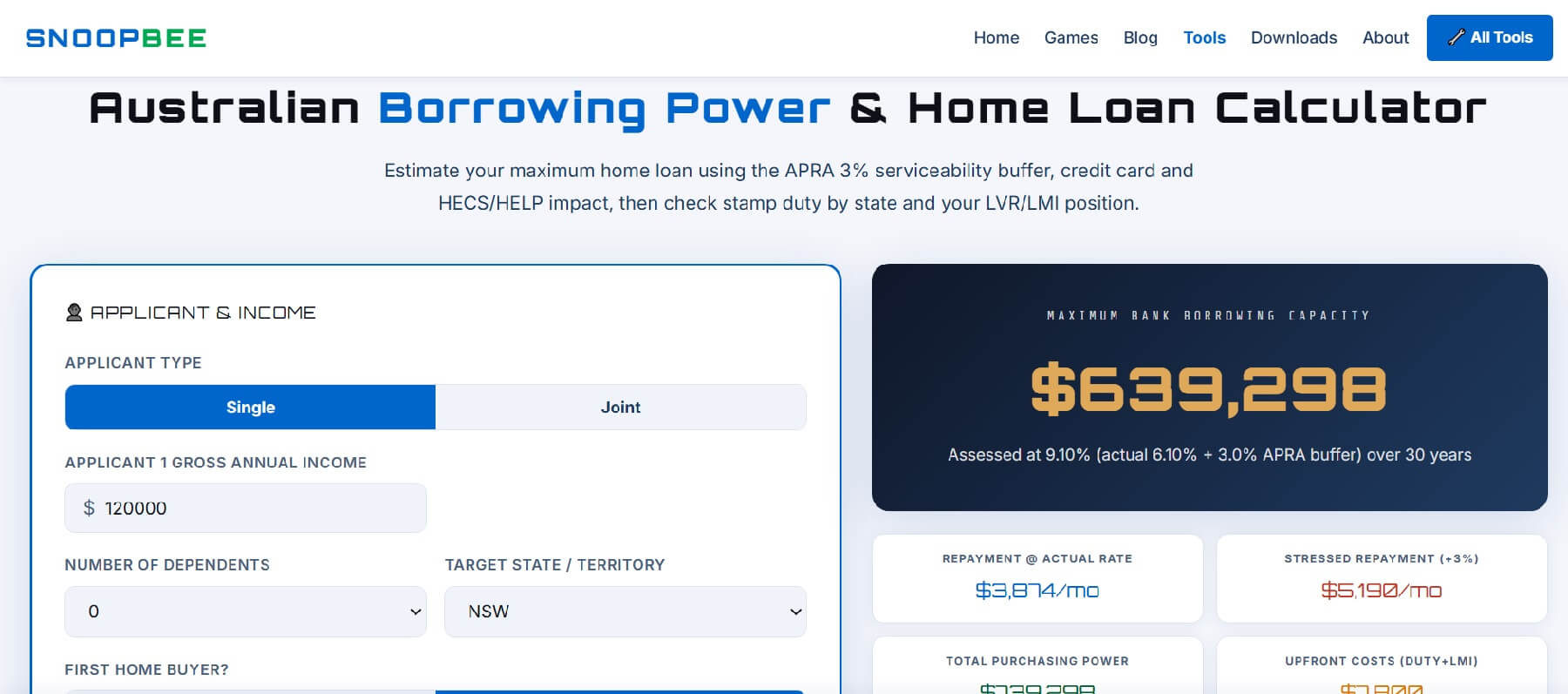 Australian Borrowing Power Calculator guide 2026 on snoopbee.com — APRA serviceability buffer, stamp duty and LMI explained