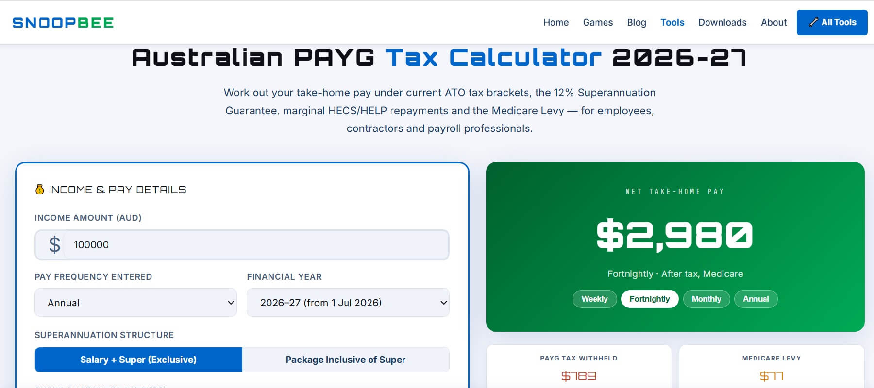 Australian PAYG Tax Calculator guide 2026 on snoopbee.com — ATO tax brackets, Superannuation Guarantee, HECS/HELP and Medicare Levy explained