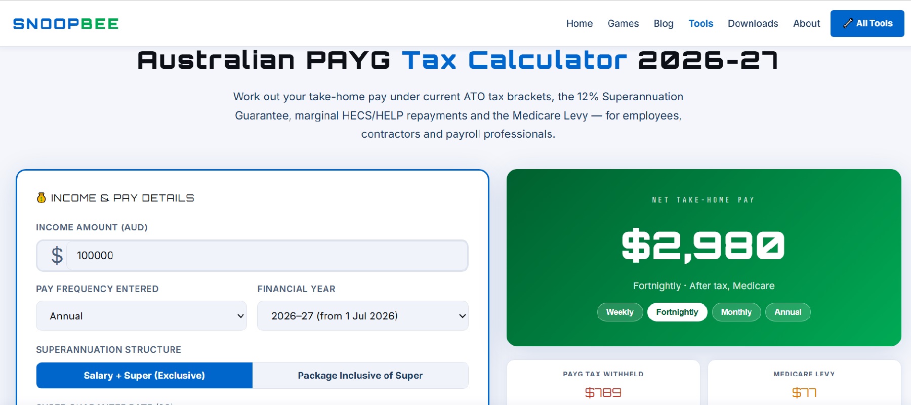 Australian PAYG Tax Calculator 2026-27 on snoopbee.com — income input, super structure toggle, ATO taxation options and net take-home pay results