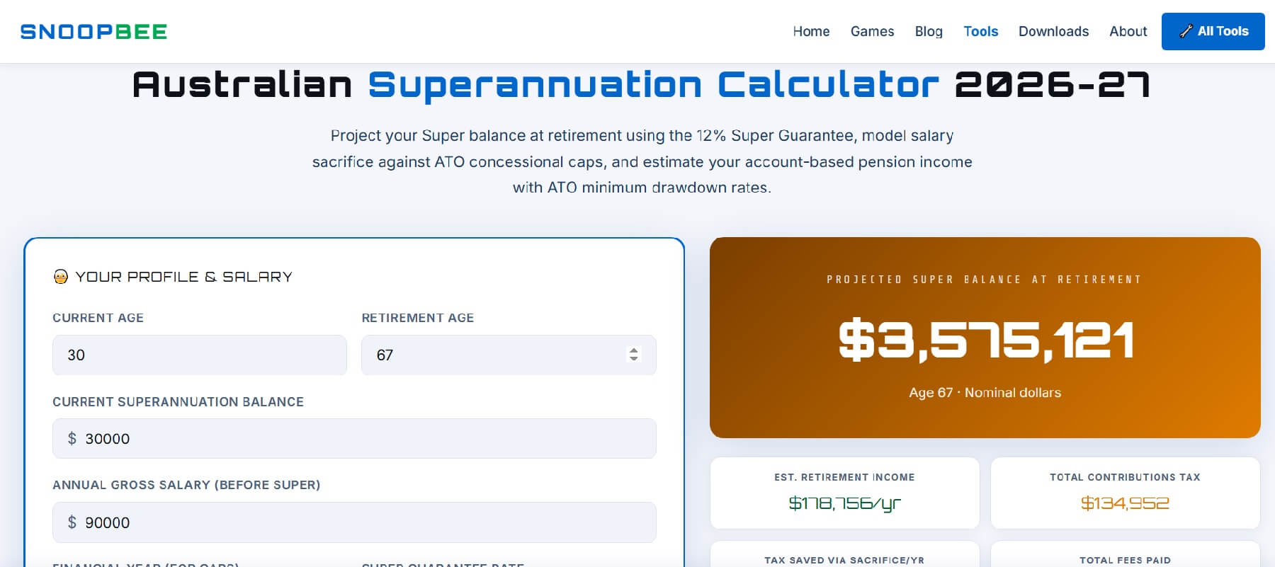 Australian Superannuation Calculator guide 2026 on snoopbee.com — Super Guarantee, salary sacrifice, contribution caps and Division 293 explained