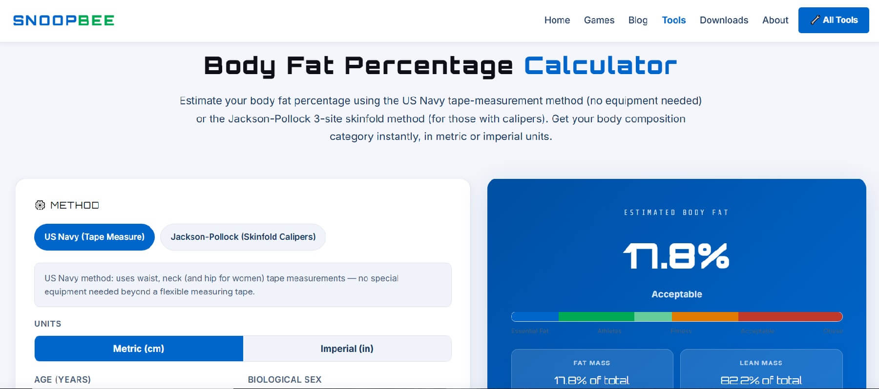Body Fat Percentage Calculator guide 2026 on snoopbee.com — US Navy method and Jackson-Pollock skinfold explained