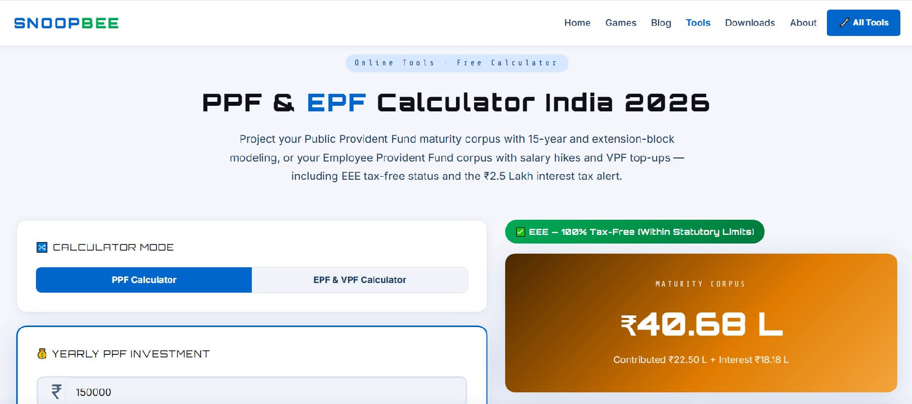 PPF & EPF Calculator guide 2026 on snoopbee.com — EEE tax status, the 5th-of-the-month rule and VPF explained