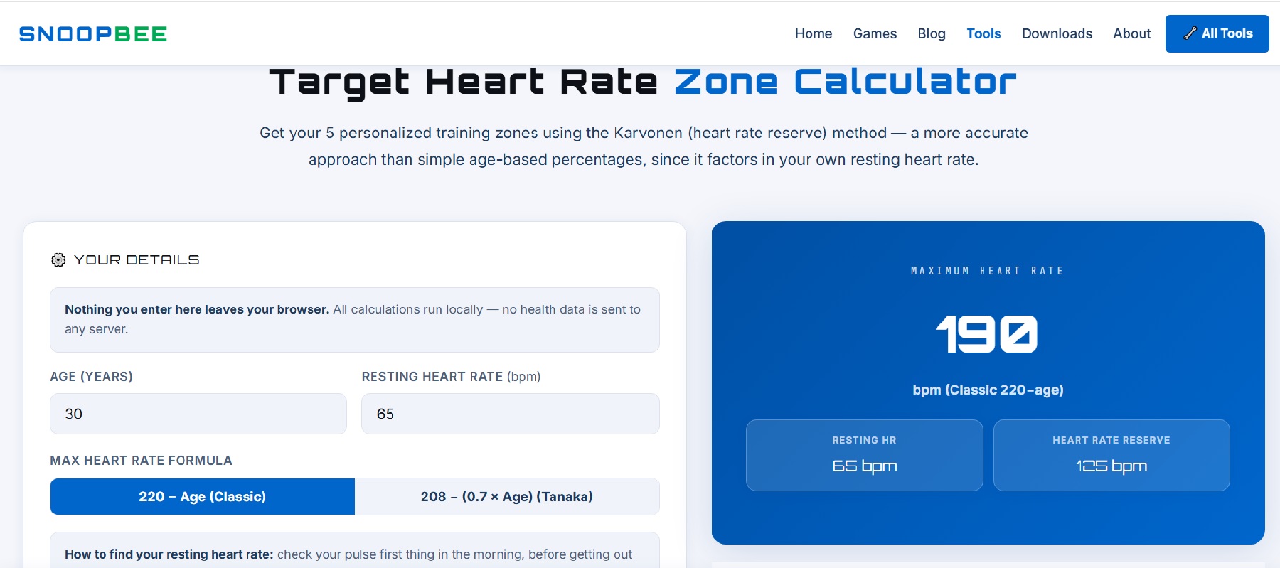 Target heart rate zone calculator interface showing Karvonen method training zones