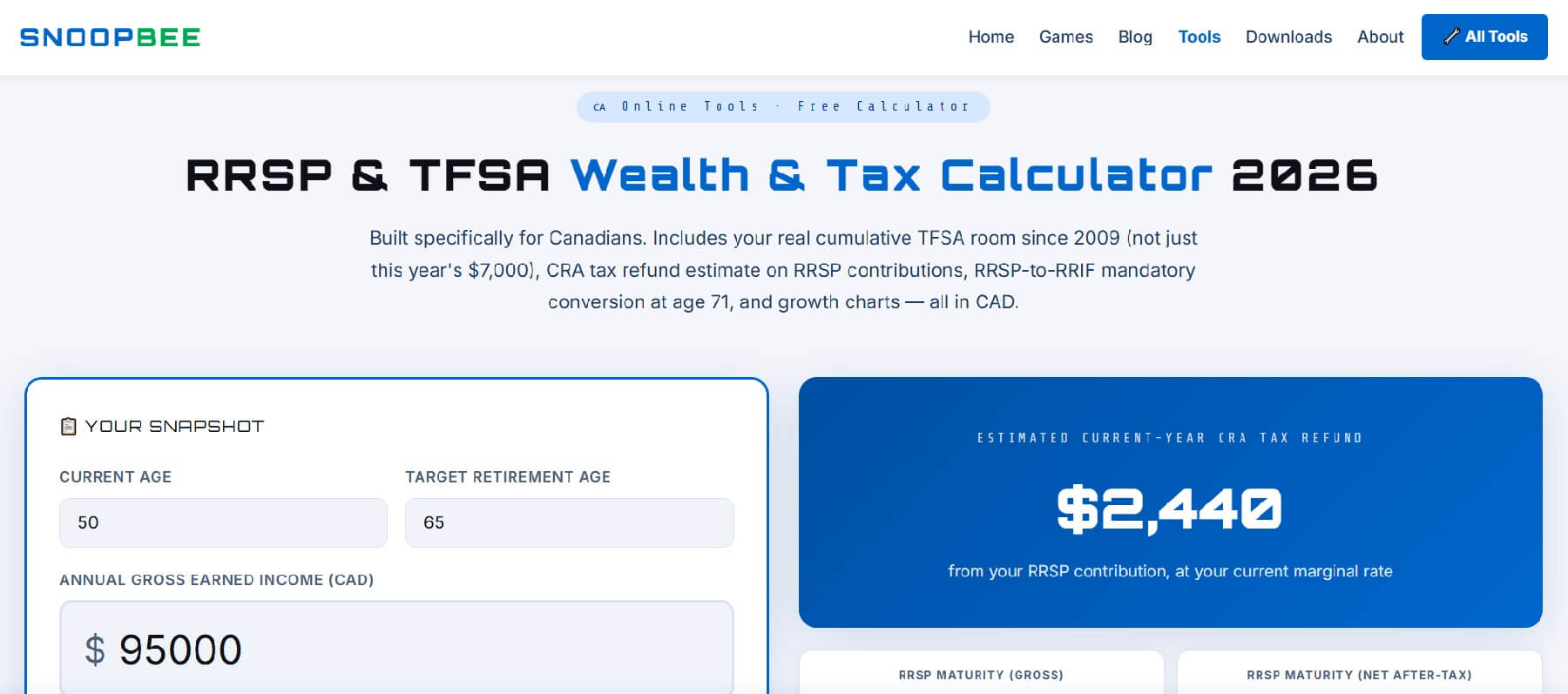 Canadian RRSP and TFSA Calculator guide 2026 on snoopbee.com — real cumulative TFSA room since 2009, CRA tax refund estimate, RRSP-to-RRIF conversion