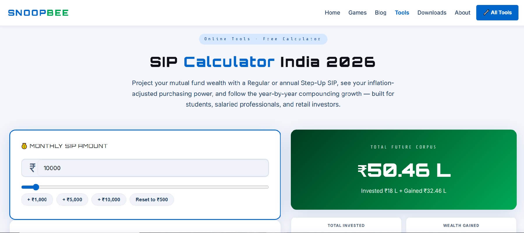 SIP Calculator guide 2026 on snoopbee.com — compounding, Step-Up SIP and inflation-adjusted returns explained