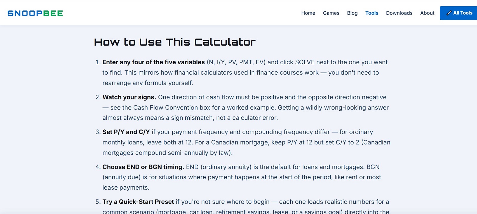 How to use the TVM Calculator on snoopbee.com — step-by-step guide showing how to enter N, I/Y, PV, PMT, FV and click SOLVE