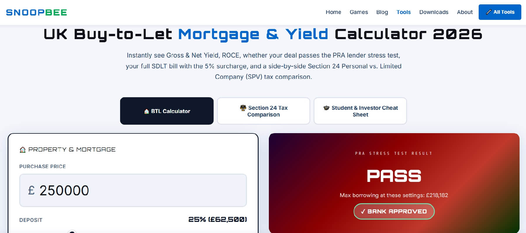 UK Buy-to-Let Mortgage Calculator guide 2026 on snoopbee.com — Section 24, PRA stress test, SDLT and yield explained