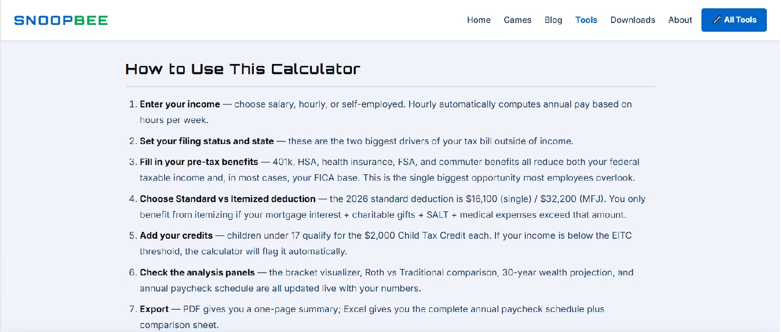 How to use the US Paycheck Tax Calculator 2026 on snoopbee.com — step-by-step input guide showing income type, filing status, state, and pay frequency