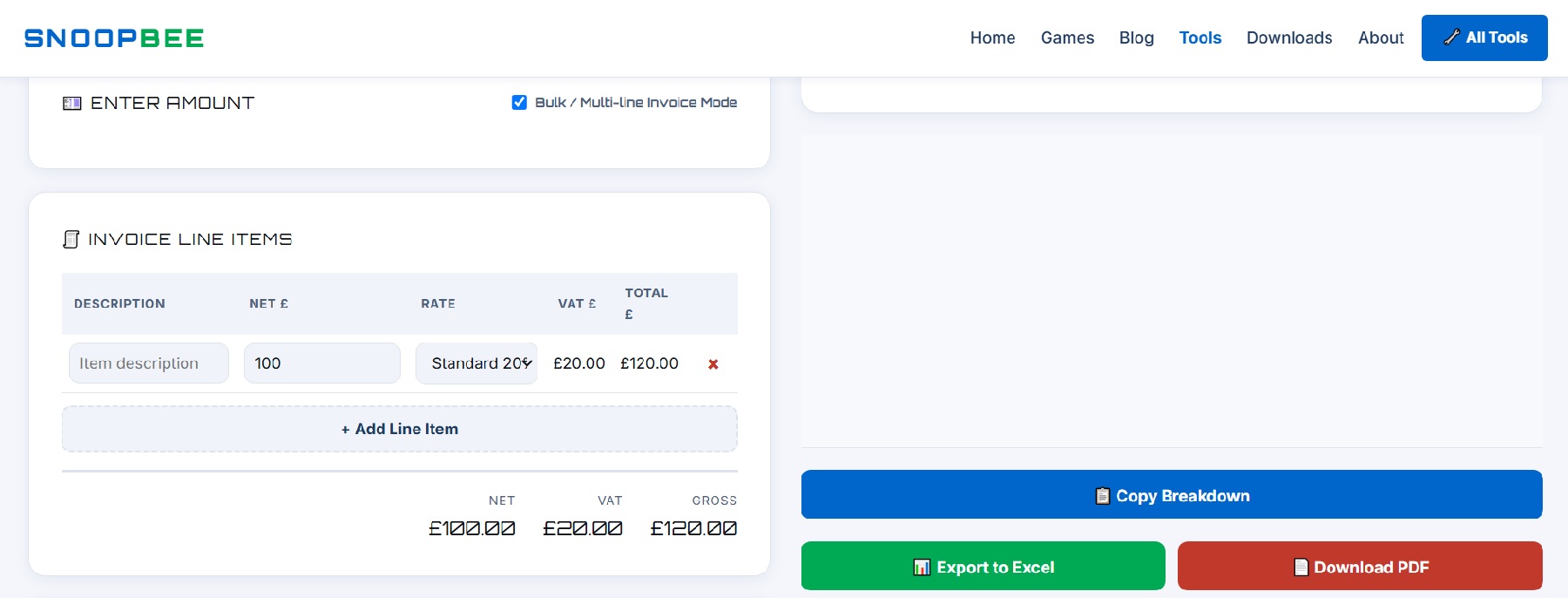 Bulk multi-line VAT invoice calculator screenshot with per-line rates and running Net, VAT and Gross totals