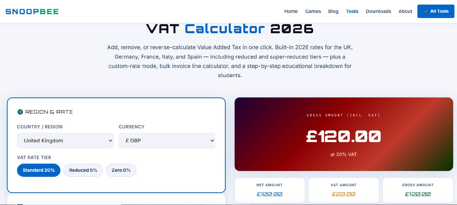 VAT Calculator guide 2026 on snoopbee.com — add, remove and reverse VAT formulas for UK, Germany, France, Italy and Spain explained
