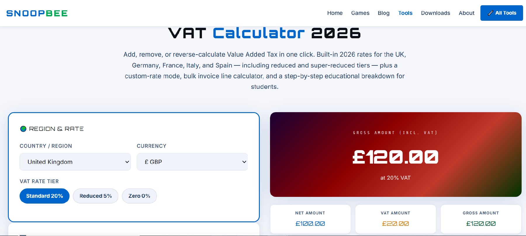 VAT calculator screenshot showing add VAT, remove VAT and reverse VAT modes for UK, Germany, France, Italy and Spain