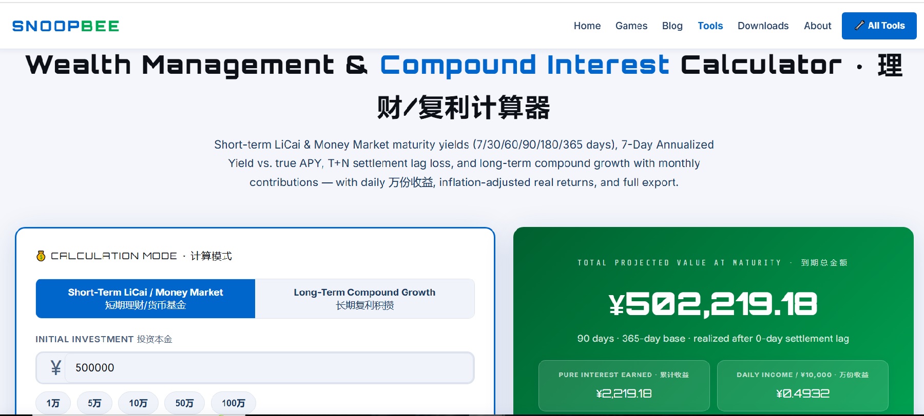 Wealth Management and Compound Interest Calculator guide — LiCai, money market yields, and long-term compound growth explained