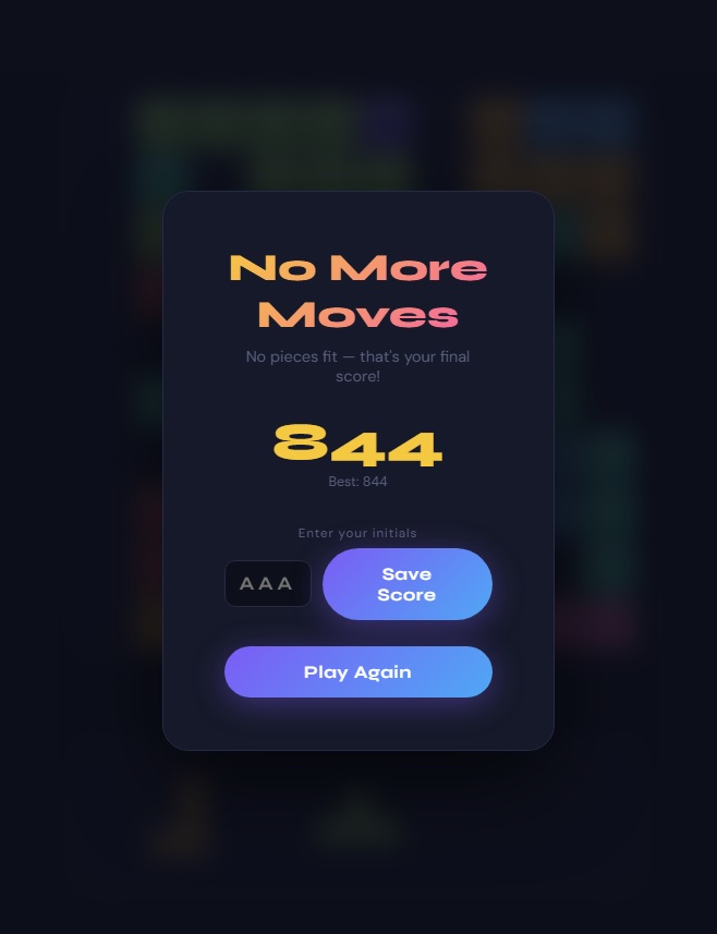 Block Puzzle No More Moves game over screen on snoopbee.com — final score display with option to enter initials and save score