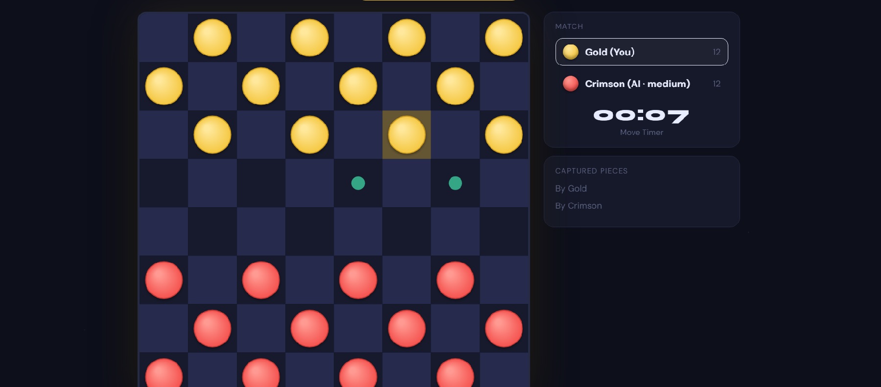 World Checkers Master basic diagonal move on snoopbee.com, highlighting the legal forward destination squares for a piece