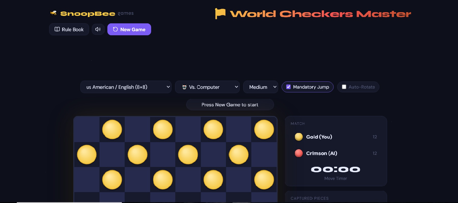 World Checkers Master start screen on snoopbee.com — rule set selector, mode selector, and dark-themed Gold vs Crimson checkers board