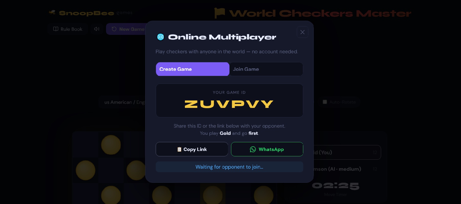 World Checkers Master WhatsApp share button on snoopbee.com, sending a direct game link to a friend