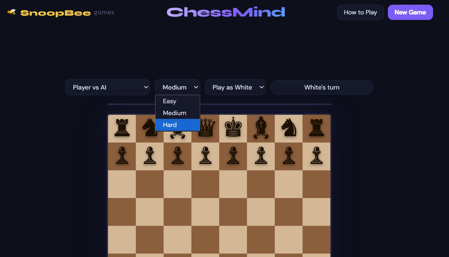 ChessMind difficulty selection on snoopbee.com — choose Easy, Medium, or Hard AI opponent before starting a Player vs AI game