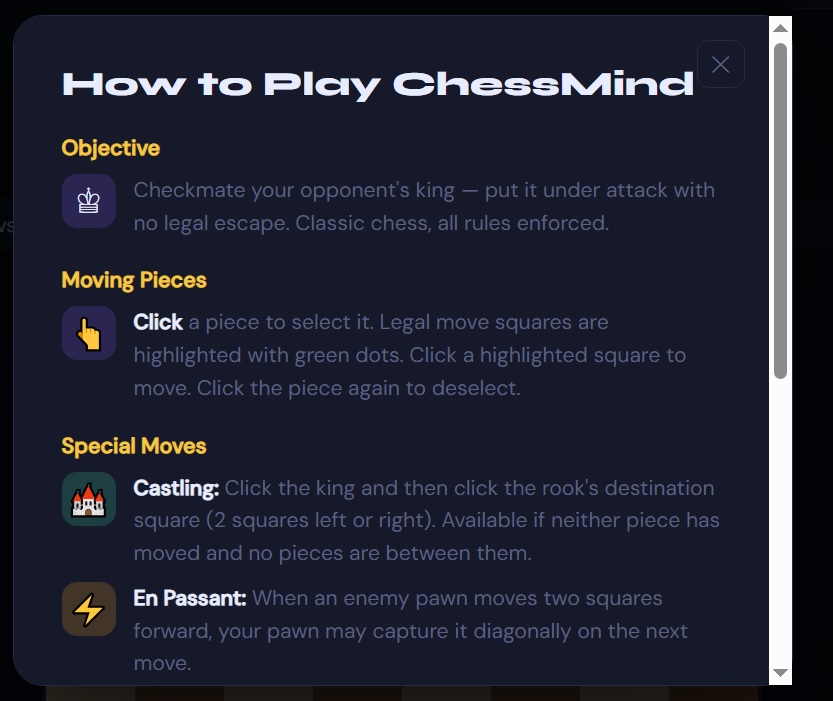 ChessMind How to Play screen on snoopbee.com — explaining objective, moving pieces, special moves, game modes and draw conditions