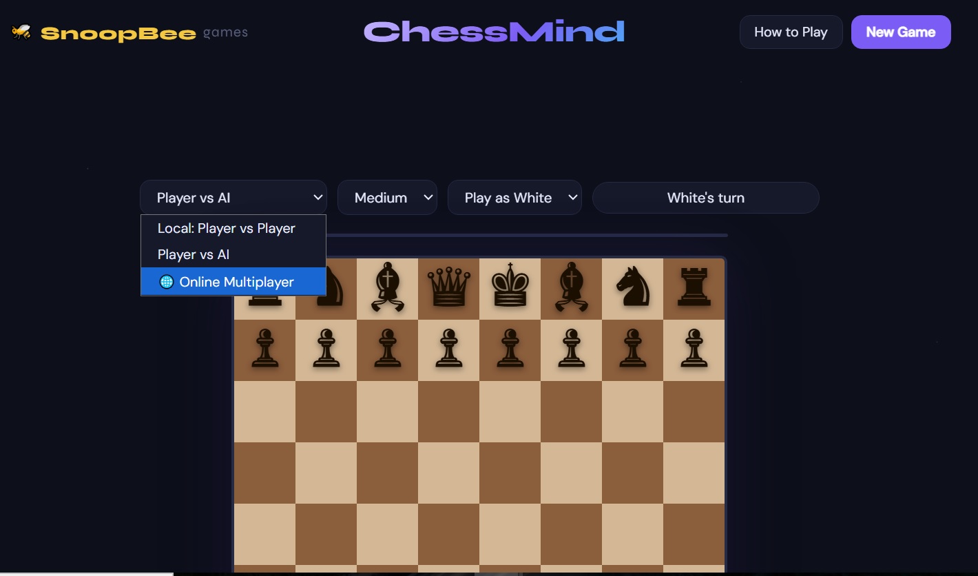 ChessMind Online Multiplayer screen on snoopbee.com — Create Game or Join Game with a 6-character Game ID, shareable via WhatsApp or email