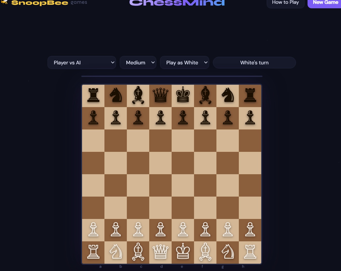 ChessMind chessboard on snoopbee.com — choose Player vs AI, Local Player vs Player, or Online Multiplayer mode