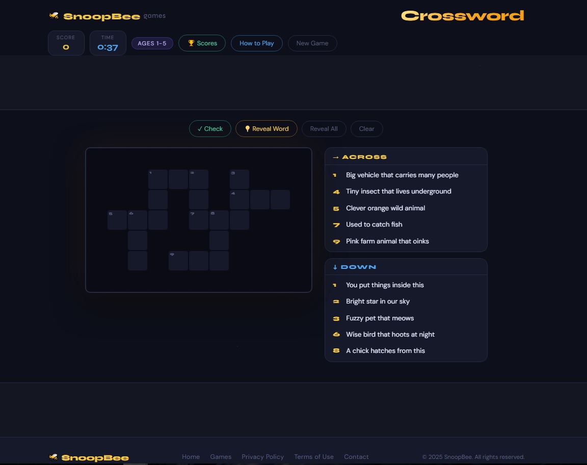 Crossword Puzzle age group selection screen on snoopbee.com — choose Ages 1-5, 6-12, 13-19, or 20+ to get the right words for you