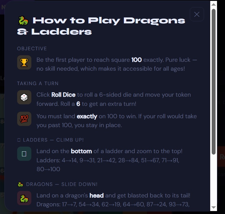 Dragons and Ladders How to Play screen on snoopbee.com — explaining the objective, taking a turn, ladders, dragons, and online multiplayer
