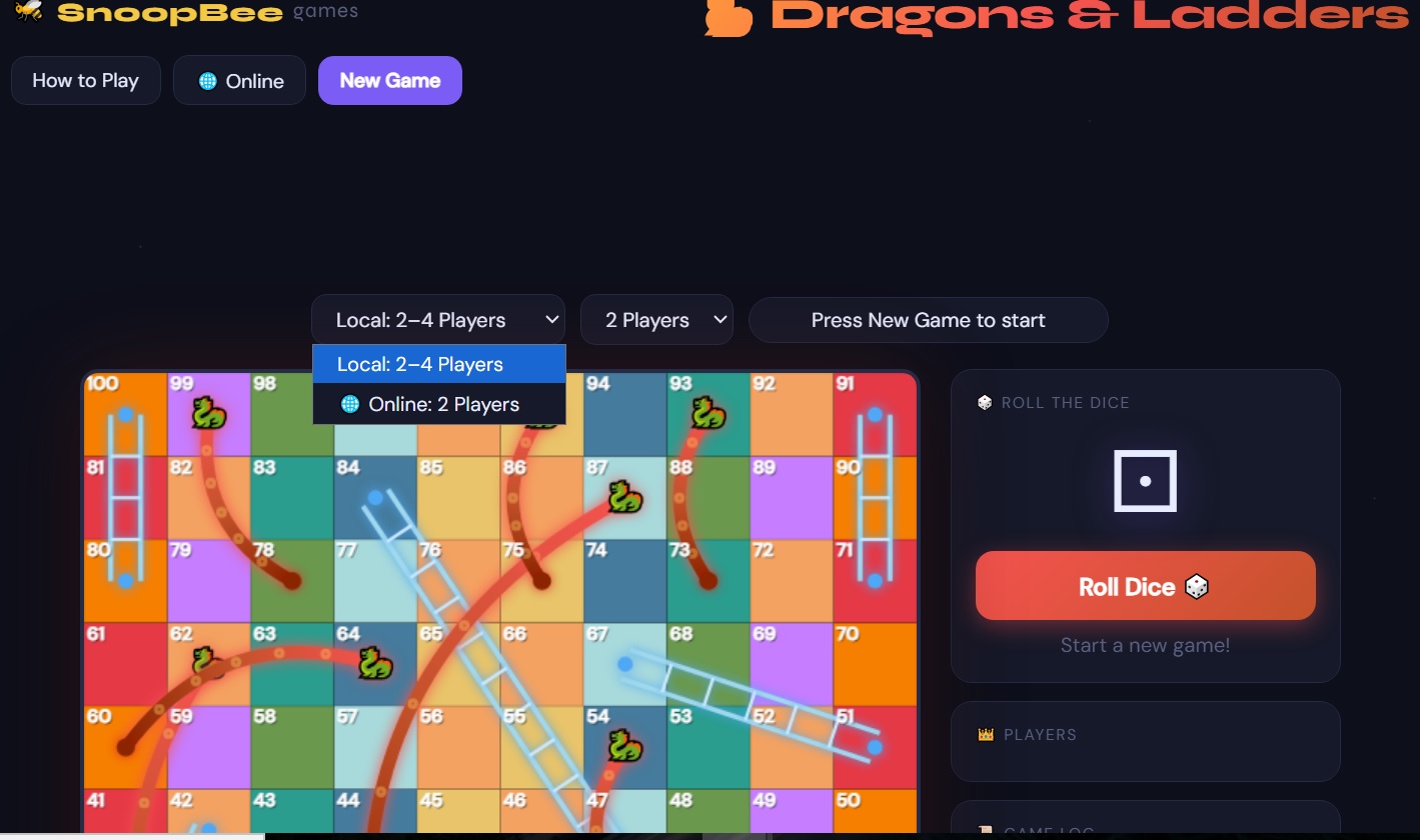 Dragons and Ladders mode selection screen on snoopbee.com — choose Local 2-4 players or Online 2 players