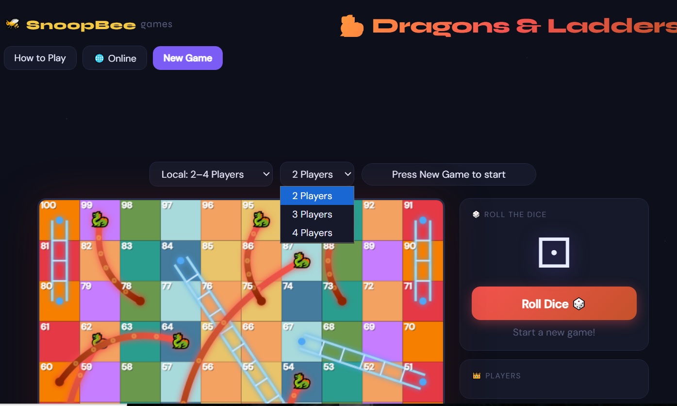 Dragons and Ladders player count selection screen on snoopbee.com — choose 2, 3, or 4 players for local play and enter player names
