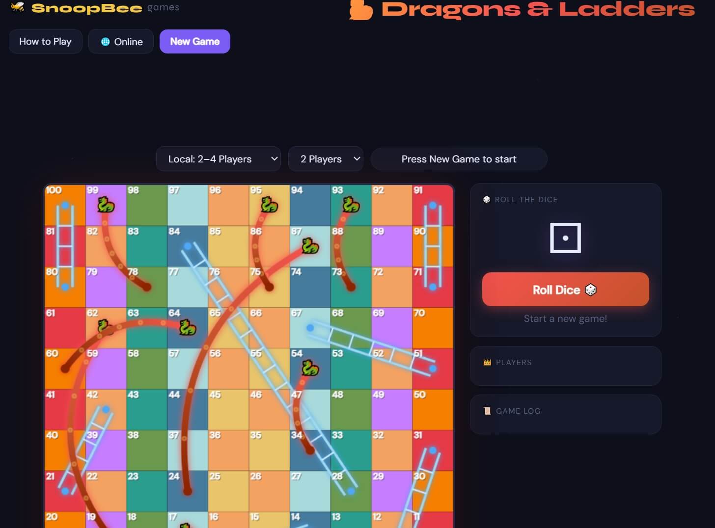 Dragons and Ladders complete beginner's guide 2026 on snoopbee.com — every ladder and dragon position, local and online multiplayer