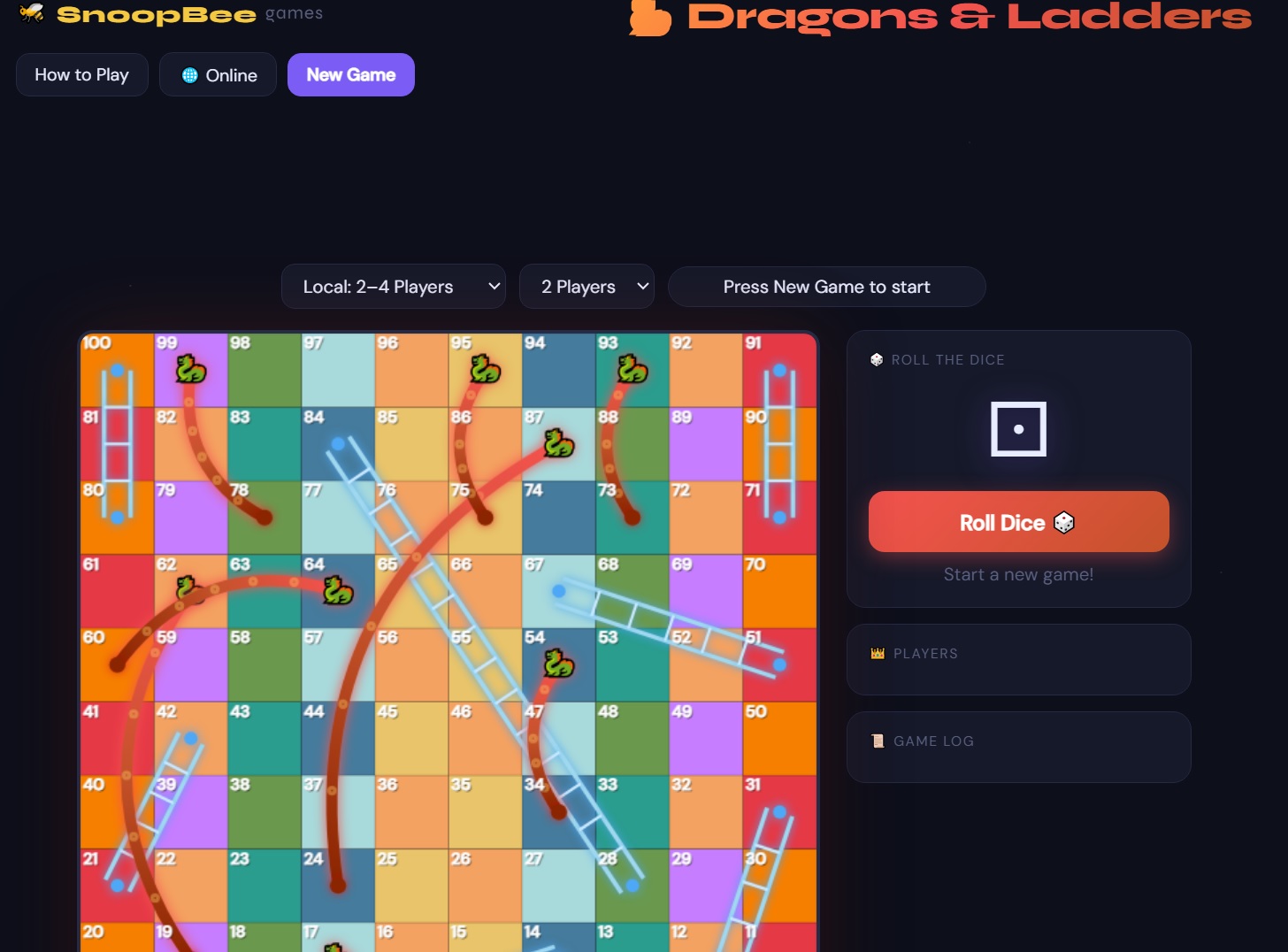 Dragons and Ladders start screen on snoopbee.com — choose Local or Online, set number of players, and roll the dice to reach square 100