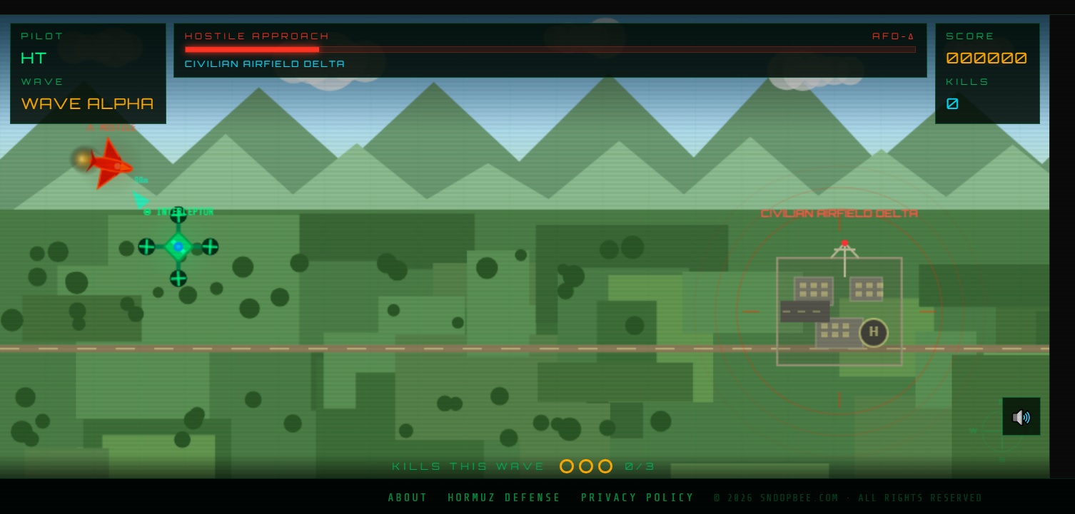 Drone Strike v3 Wave Alpha gameplay on snoopbee.com — interceptor drone facing hostile aircraft formation with kill counter visible