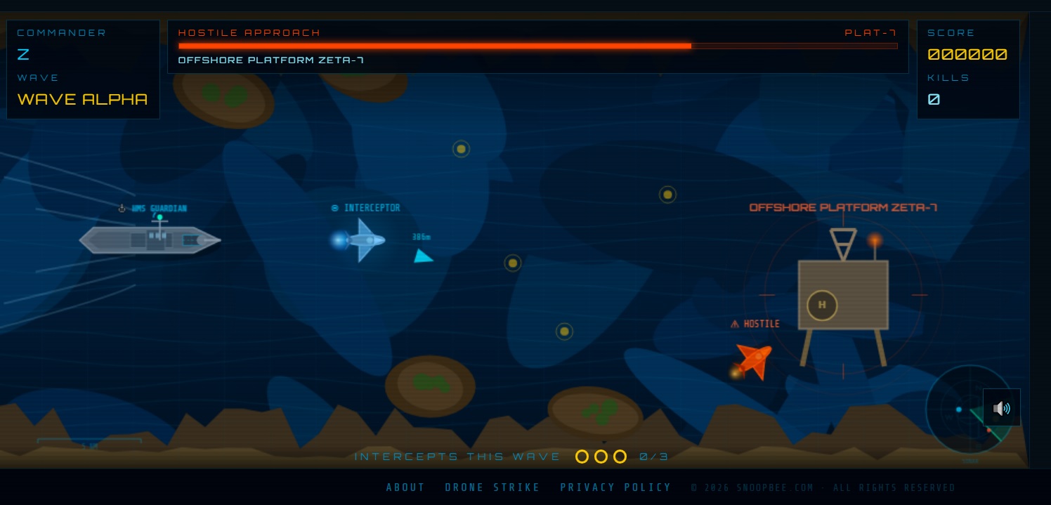 Strait of Hormuz Defense Zone Wave Bravo gameplay on snoopbee.com — interceptor drone in intense engagement with multiple hostile drones and power-ups visible