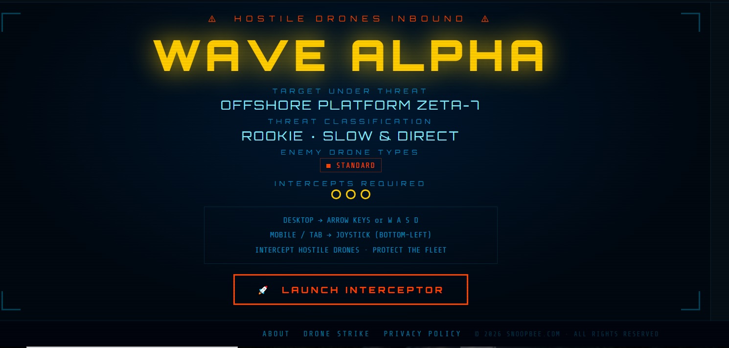 Strait of Hormuz Defense Zone Wave Alpha gameplay on snoopbee.com — interceptor drone flying toward hostile drone formation with INTERCEPTS THIS WAVE counter visible