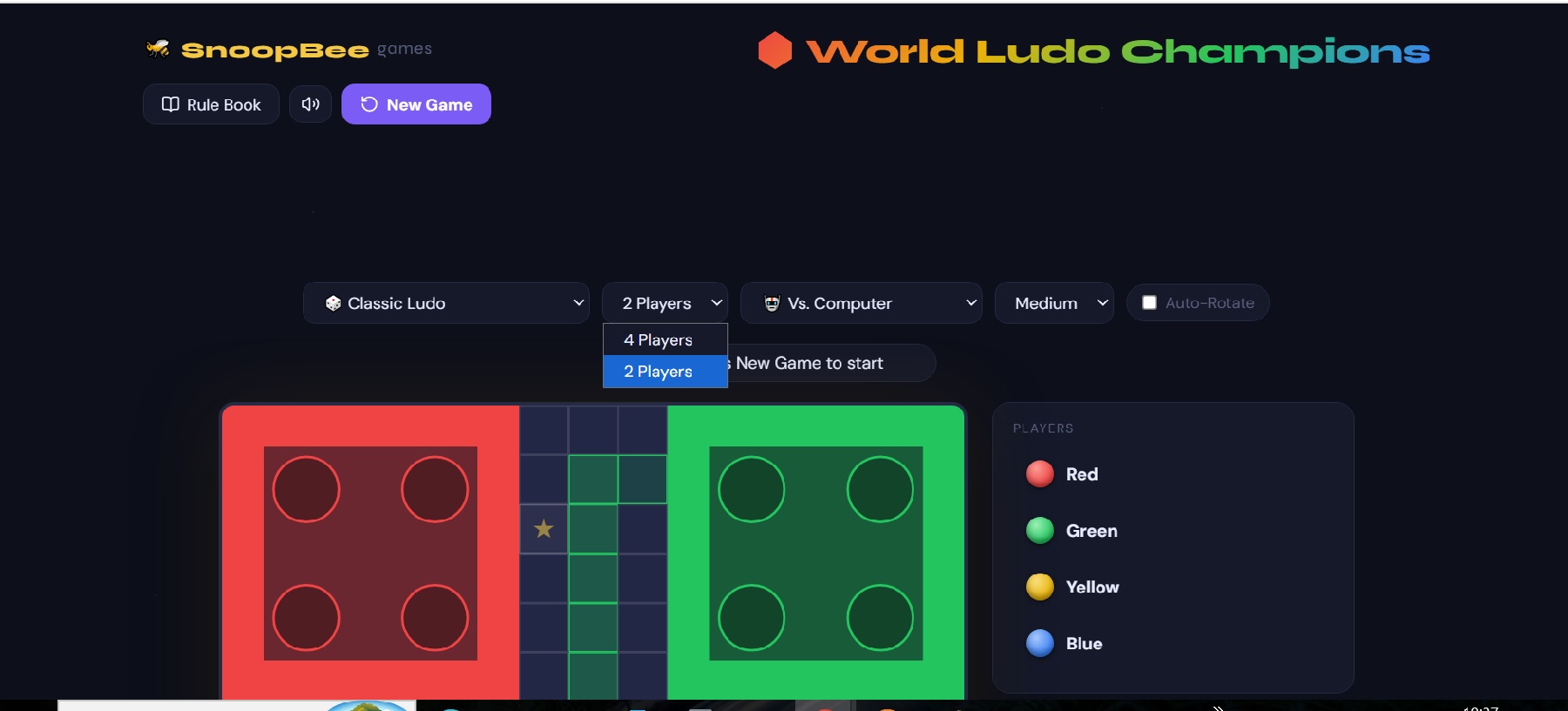 World Ludo Champions player count selector on snoopbee.com — choosing between 2 players and 4 players before starting a game