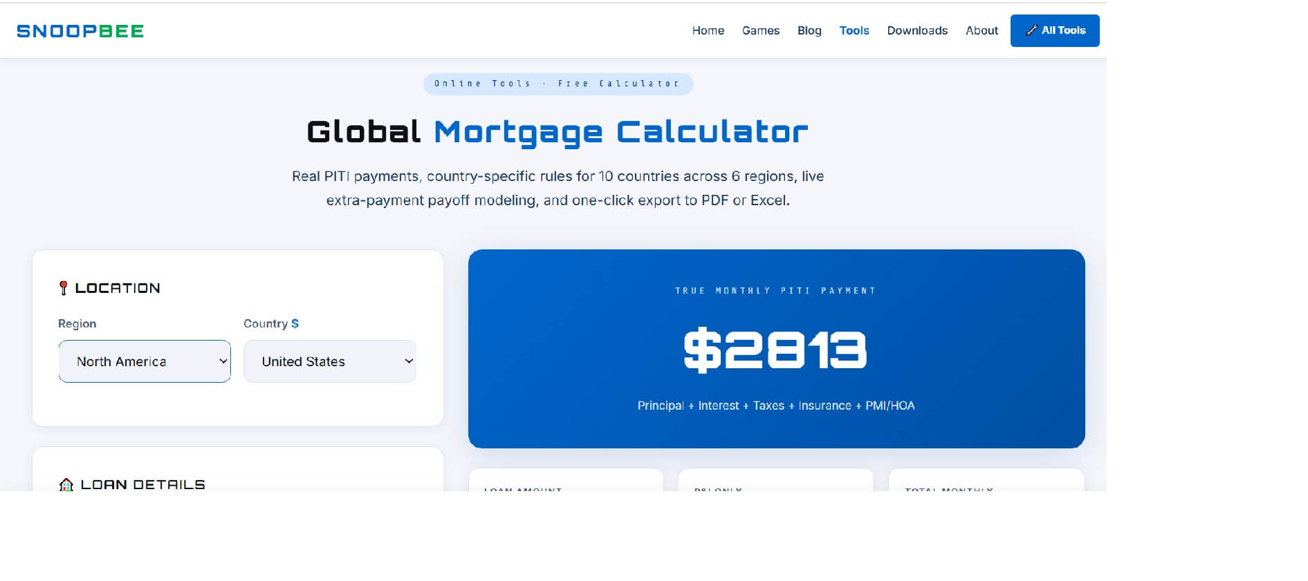 snoopbee.com Global Mortgage Calculator guide 2026 — PITI breakdown, amortization schedule and extra payment payoff modeling