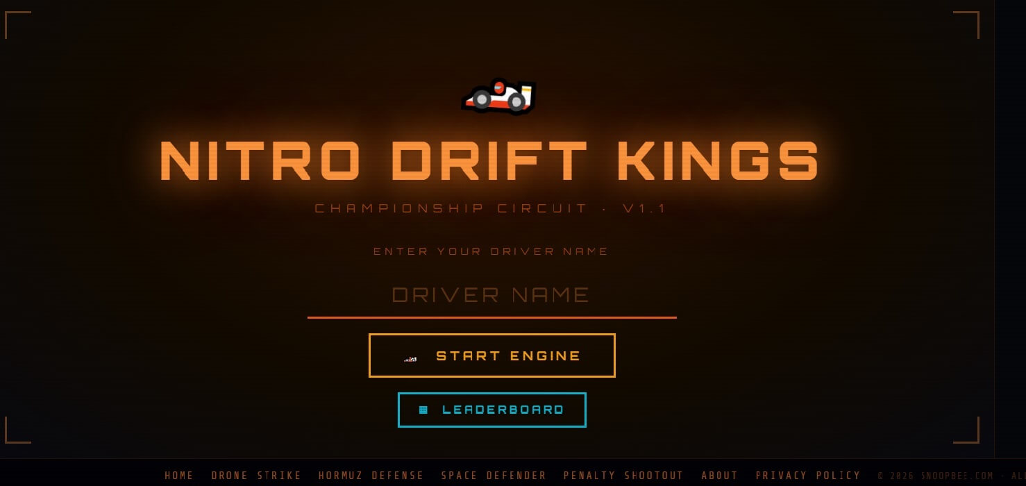 Nitro Drift Kings complete beginner guide 2026 on snoopbee.com — championship circuit v1.1 racing game with nitro boost combo scoring and top drivers leaderboard