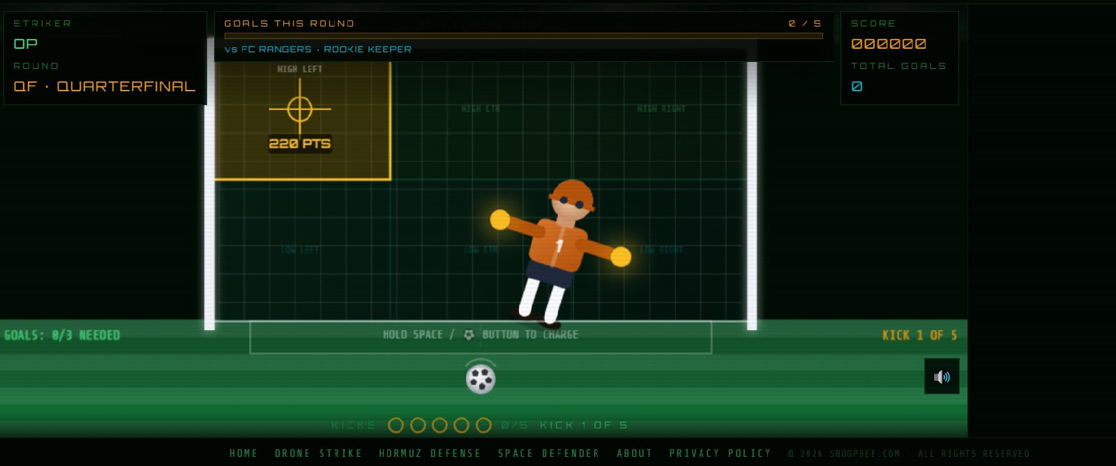 Penalty Shootout free browser game on snoopbee.com — aim for the corners and beat the goalkeeper in this World Cup-inspired penalty kick game