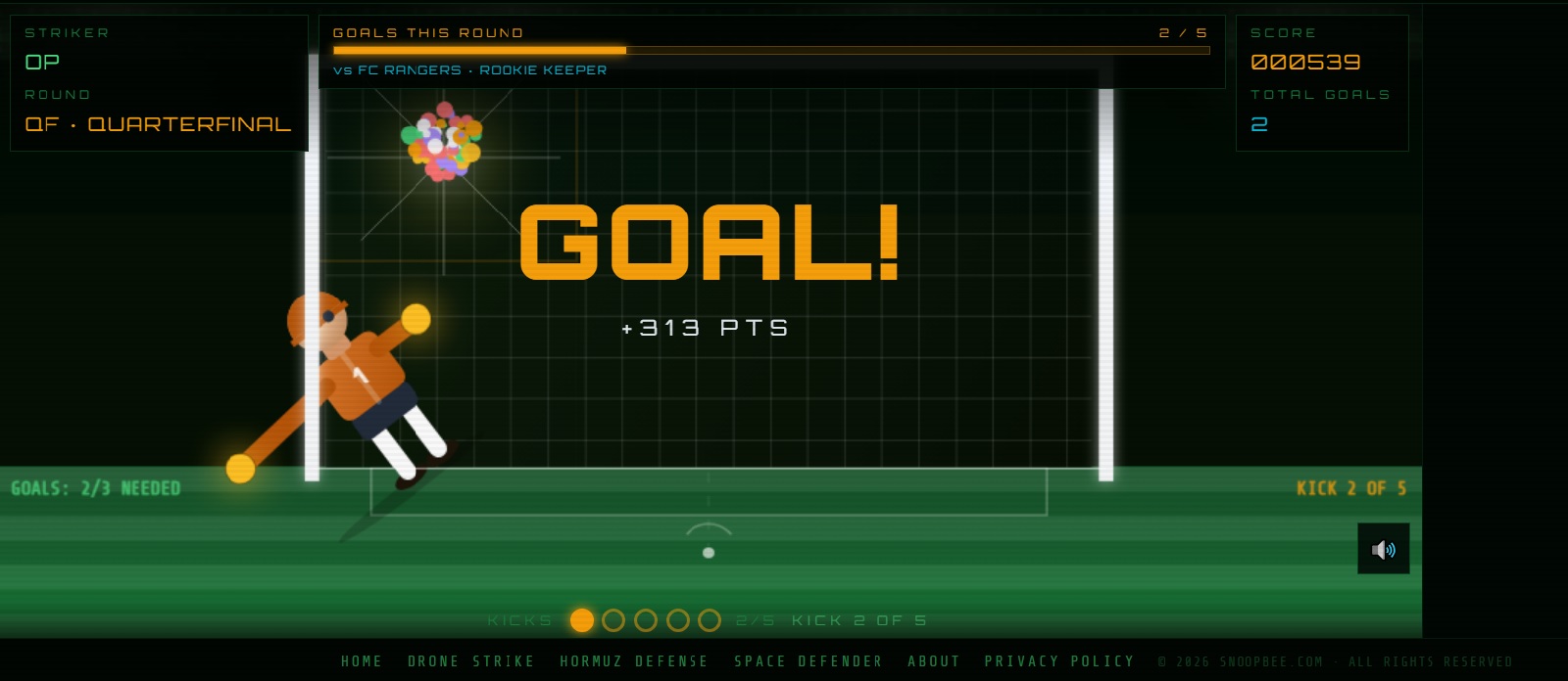 Penalty Shootout goal scored — ball hitting the back of the net in the bottom corner as the goalkeeper dives the wrong way