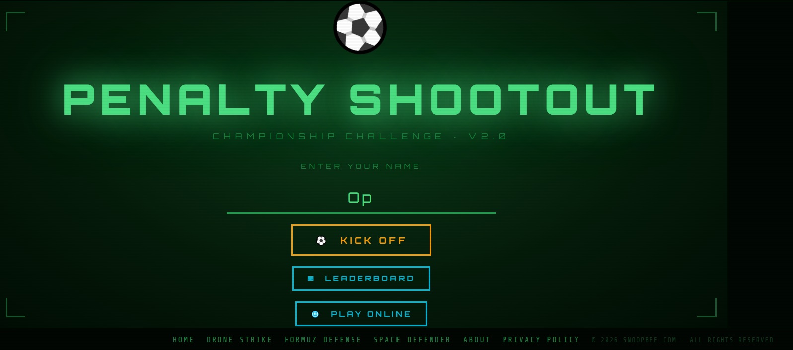 Penalty Shootout free browser game on snoopbee.com — main title screen showing stadium atmosphere and play button