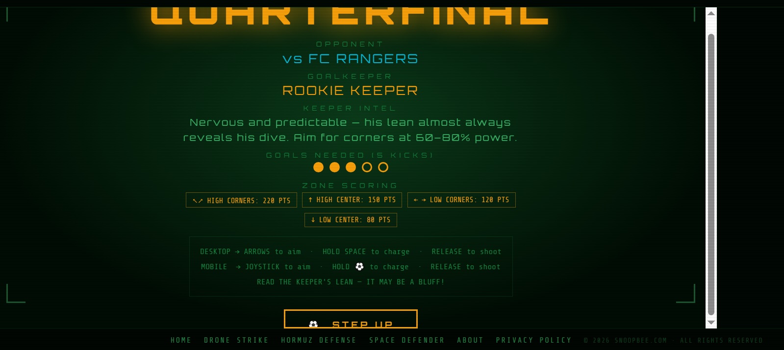 Penalty Shootout team selection screen on snoopbee.com — choose your national team and starting formation before the shootout begins