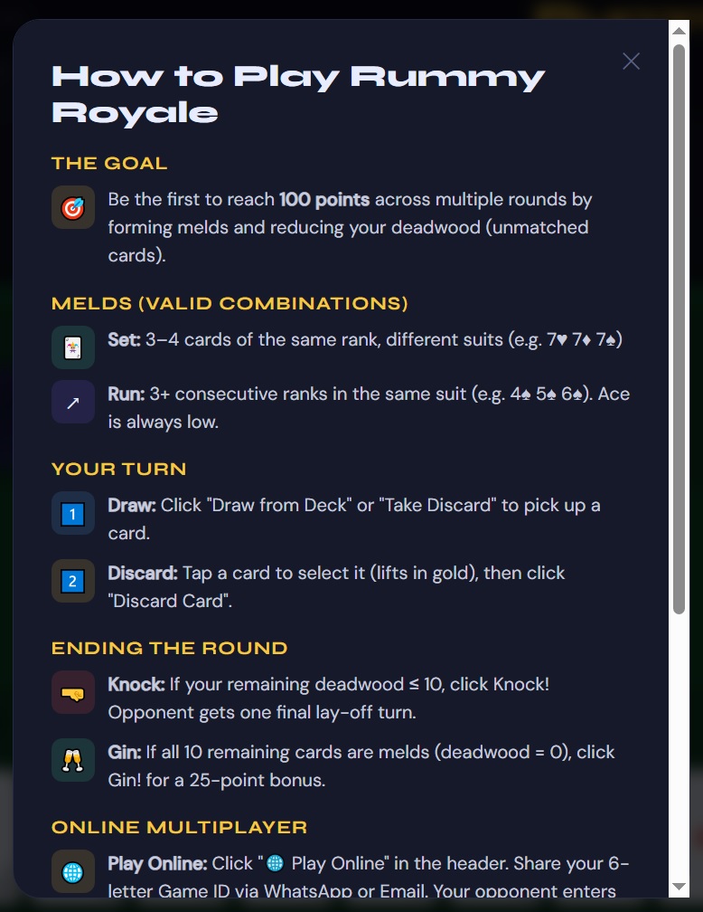 Rummy Royale How to Play screen on snoopbee.com — explaining the goal, melds, turn structure, knock, gin, undercut and scoring