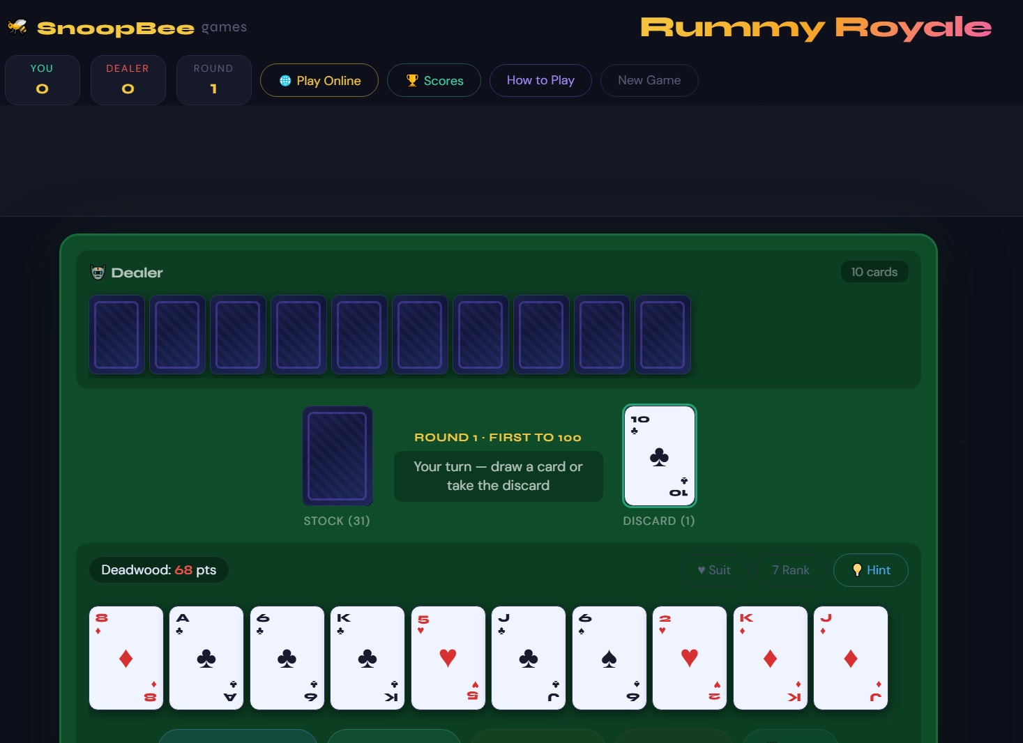 Rummy Royale start screen on snoopbee.com showing player hand, melds, stock and discard pile — free browser rummy card game