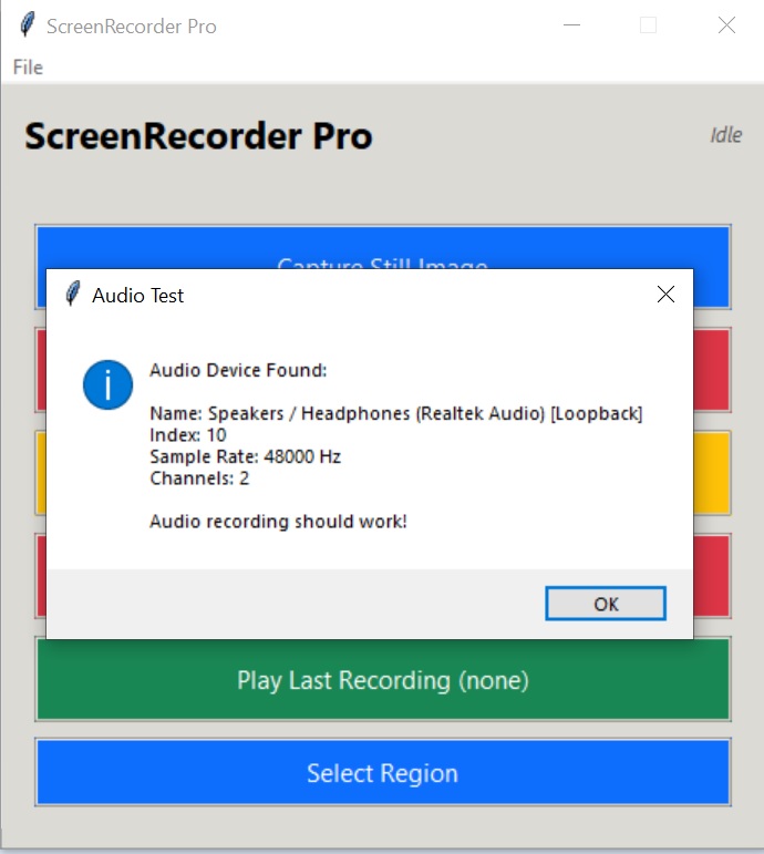 ScreenRecorder Pro audio device test popup confirming successful Stereo Mix loopback audio detection
