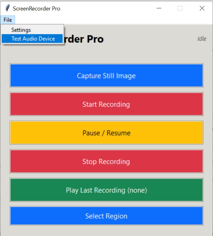 ScreenRecorder Pro File menu showing Settings, Open Output Folder, About and Exit options