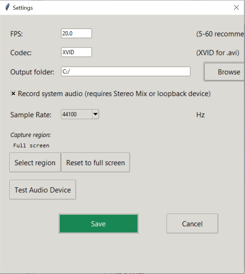 ScreenRecorder Pro settings window showing FPS slider, codec selector, output folder path, and system audio toggle