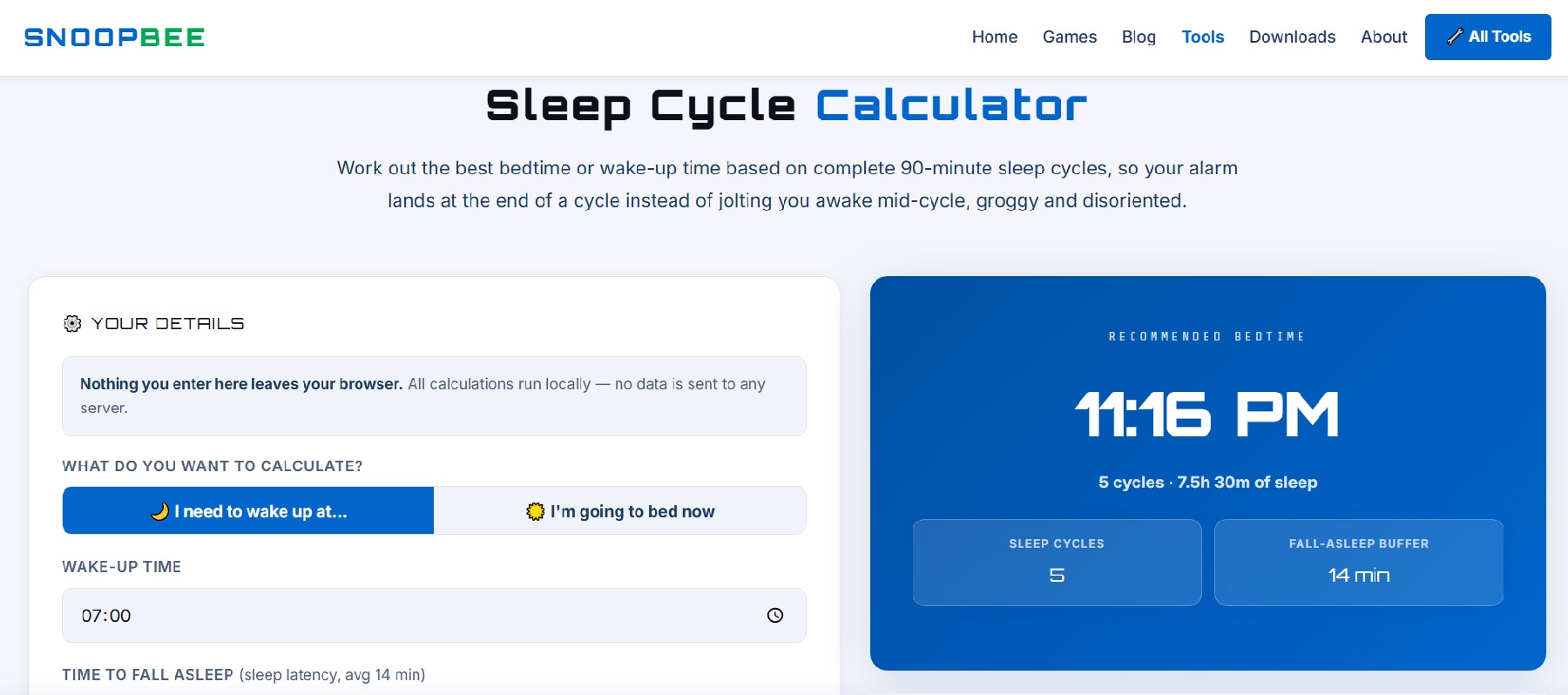 Sleep Cycle Calculator guide 2026 on snoopbee.com — 90-minute sleep cycles explained