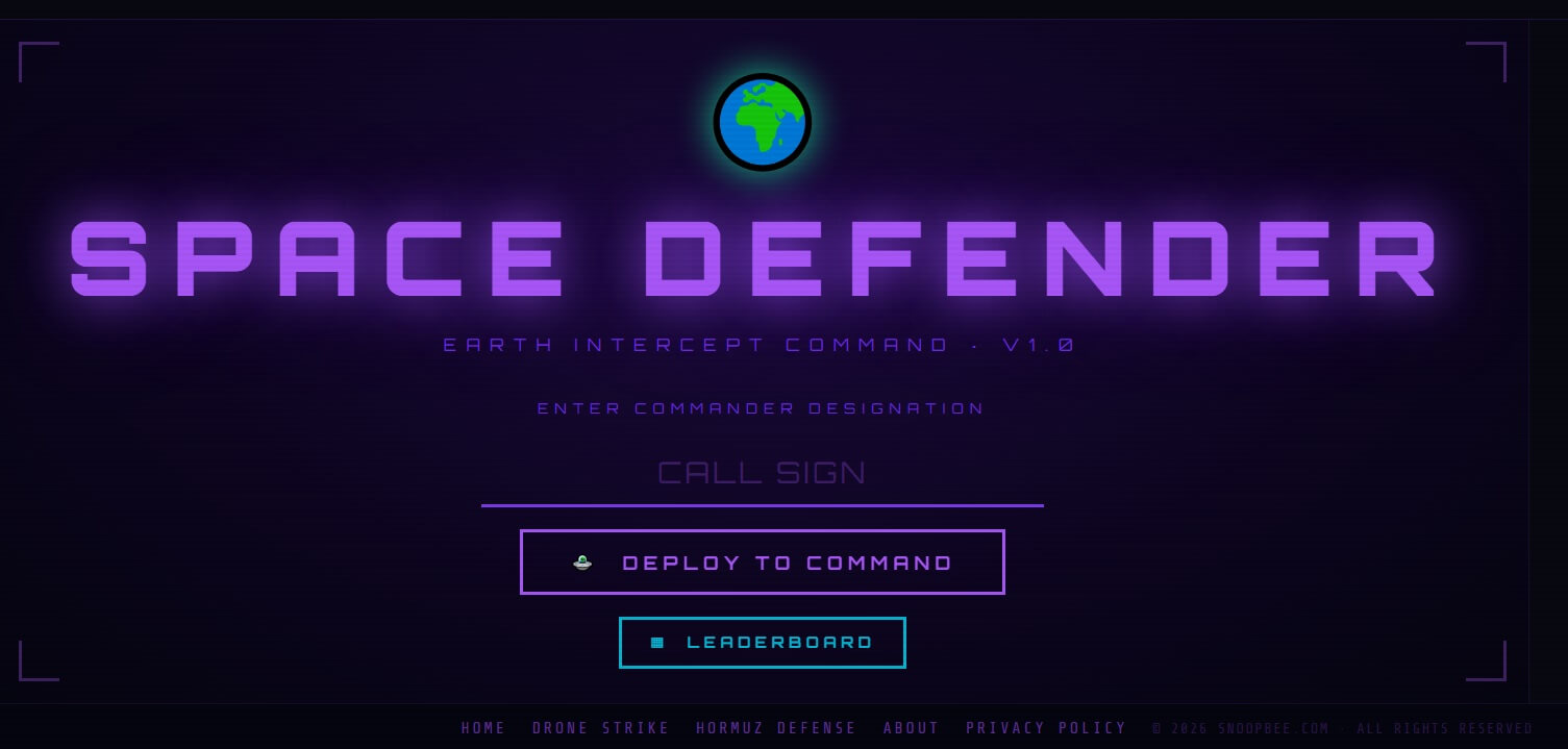 Space Defender complete guide 2026 on snoopbee.com — Earth Intercept Command v1.0 defending Earth across Wave Alpha and Wave Bravo with 4 weapons and power-ups