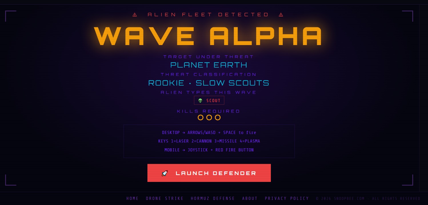 Space Defender Wave Alpha gameplay on snoopbee.com — interceptor ship firing Laser weapon at alien formation with Earth Health and Score HUD visible