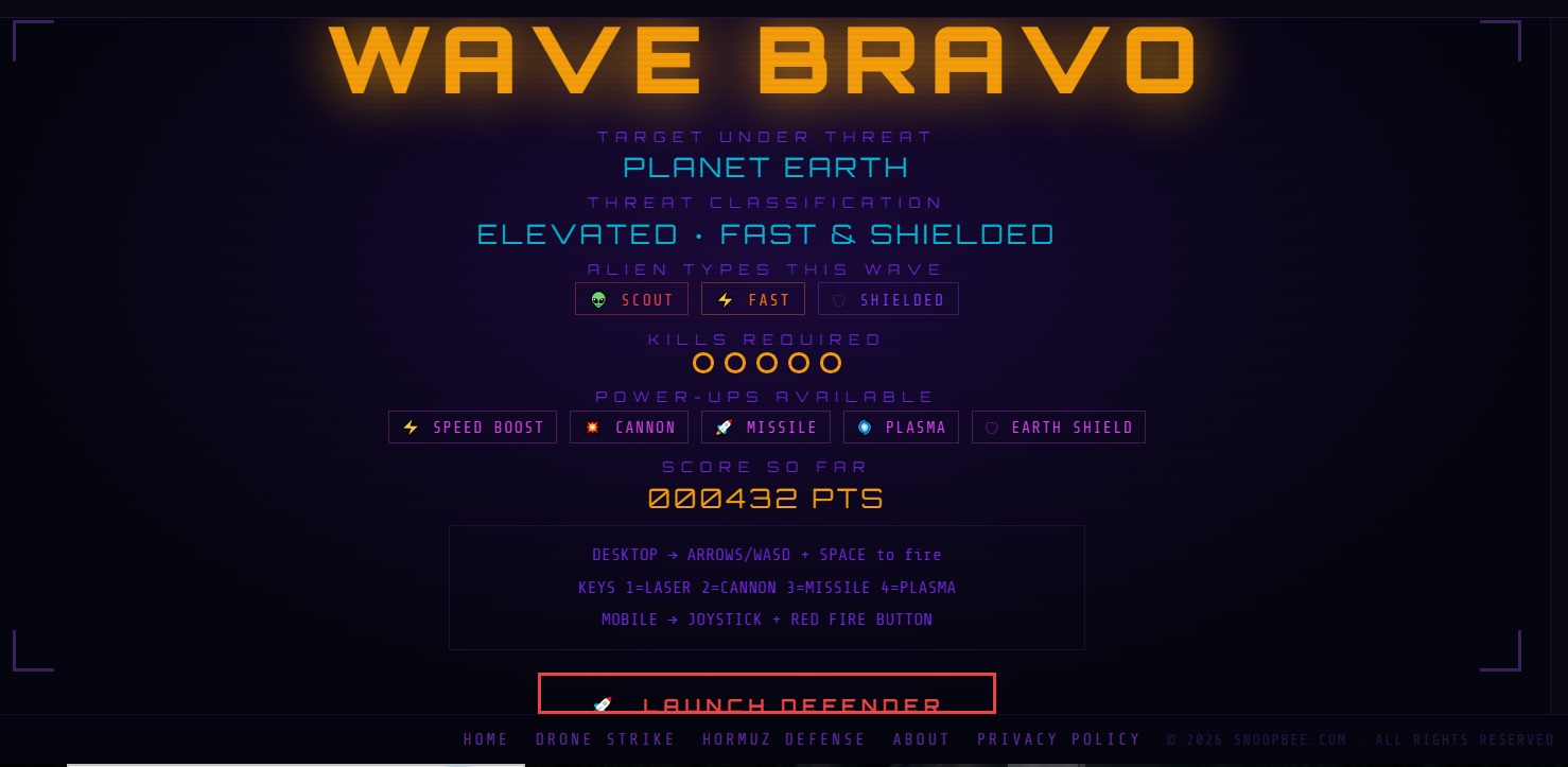 Space Defender Wave Clear transition screen on snoopbee.com — Alien Fleet Repelled, Incoming Bravo Wave announcement
